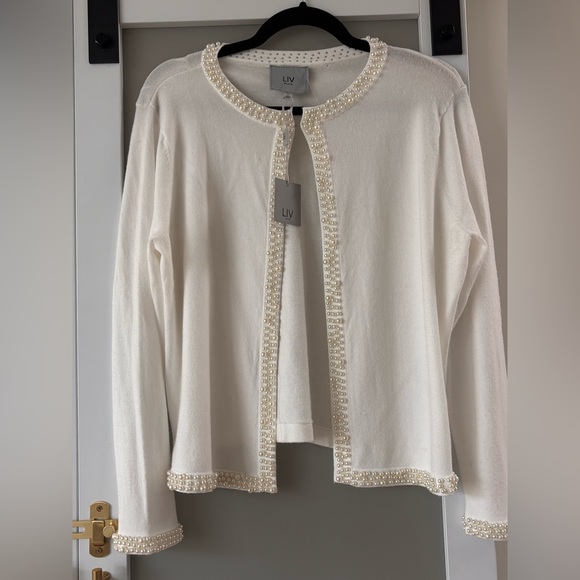 Sweaters - LIV White Cardigan with Pearl Trim